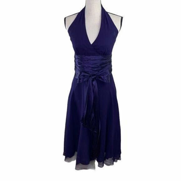Maggy London Purple Silk Chiffon‎ Halter Formal Prom Cocktail Dress 8 - Picture 1 of 13